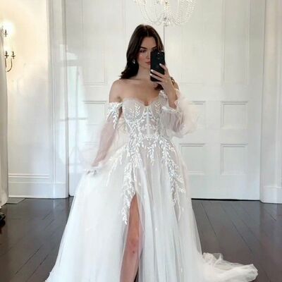 Elegant a line off the shoulder lace appliques wedding dress bridal gown wedding gown
