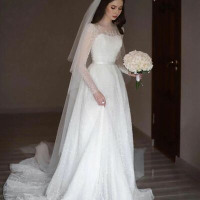 Romantic a line long sleeve sequins wedding dress bridal gown wedding gown