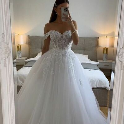 Ball gown tulle sequins off the shoulder wedding dress bridal gown wedding gown