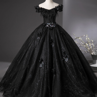 Black glitter tulle long a-line prom party dress - Thumbnail 1