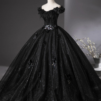 Black Glitter Tulle Long A-Line Prom Party Dress - Thumbnail 1
