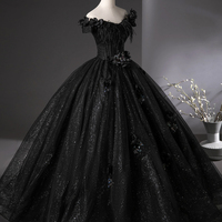 Black Glitter Tulle Long A-Line Prom Party Dress - Thumbnail 2