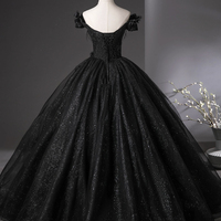 Black Glitter Tulle Long A-Line Prom Party Dress - Thumbnail 3