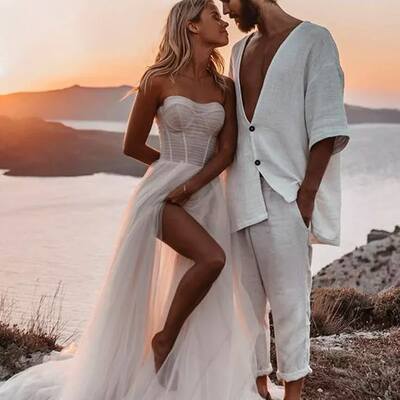 Sexy a line tulle side slit wedding dress bridal gown wedding gown