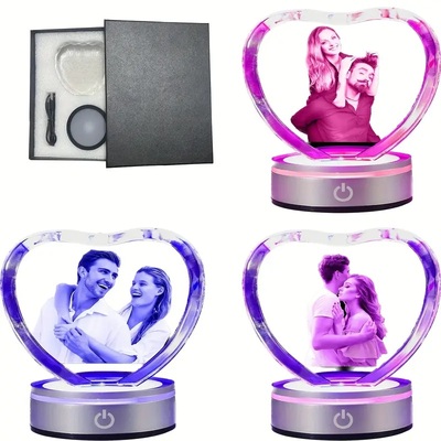 Custom heart crystal night light – personalized engraved photo glass usb lamp, valentine's & holiday gift for loved ones