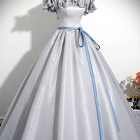 Silver Organza Long A-Line Prom Dress, Off the Shoulder Evening Party Dress - Thumbnail 1