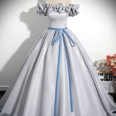Silver organza long a-line prom dress, off the shoulder evening party dress - Thumbnail 1