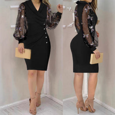 Sexy v-neck solid color long sleeve butterfly bead dress