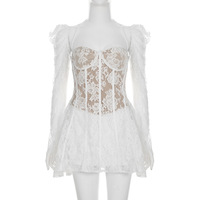 Floral Lace Stitching Puff Long Sleeve Flare Dress - Thumbnail 5