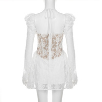 Floral Lace Stitching Puff Long Sleeve Flare Dress - Thumbnail 6