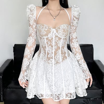Floral lace stitching puff long sleeve flare dress
