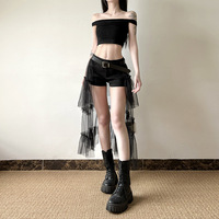 Black Shorts With Detachable Mesh Splicing Skirt - Thumbnail 4