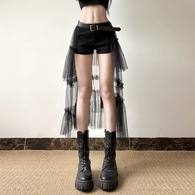 Black shorts with detachable mesh splicing skirt