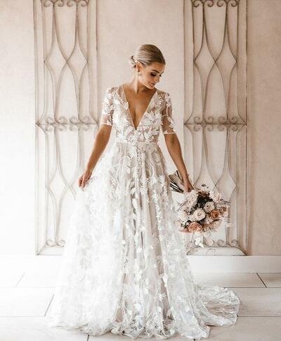 Sexy A Line Lace Appliques Wedding Dress Bridal Gown Wedding Gown