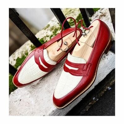 Handmade men red grain white crocodile leather moccasin loafers dress shoes - Thumbnail 5