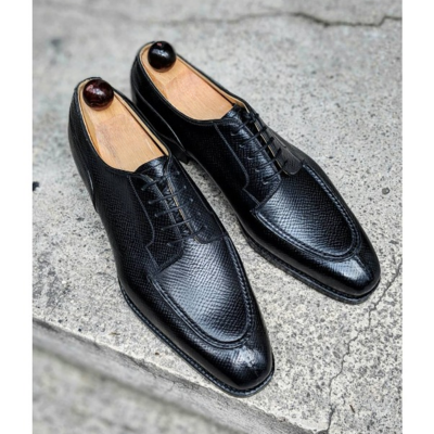 Handmade men black grain leather lace up oxford dress shoes - Thumbnail 2