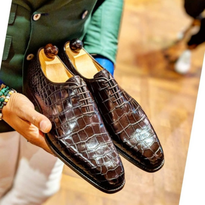 Handmade men brown crocodile/alligator leather oxford dress shoes - Thumbnail 2