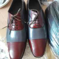 Handmade Men's Spcially Custom Edition Maroon With Grey Leather Base Lace Up Shoes Wedding Edition - Thumbnail 1