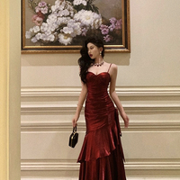 Beautiful Burgundy Straps Satin Long Prom Party Dress - Thumbnail 1