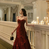 Beautiful Burgundy Straps Satin Long Prom Party Dress - Thumbnail 2