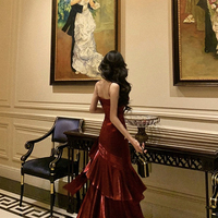 Beautiful Burgundy Straps Satin Long Prom Party Dress - Thumbnail 3