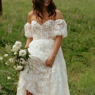 Elegant off the shoulder lace beach boho wedding dress bridal gown wedding gown