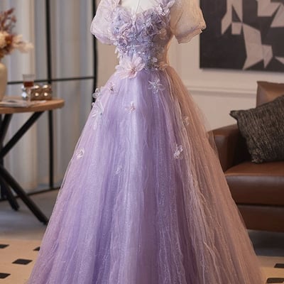 Purple tulle flower long a-line prom party dress - Thumbnail 1