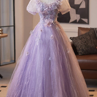 Purple Tulle Flower Long A-Line Prom Party Dress - Thumbnail 1