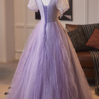 Purple Tulle Flower Long A-Line Prom Party Dress - Thumbnail 3