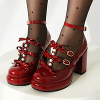 Pearl Bowknot Mary Jane Shoes High Heels - Thumbnail 1
