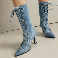 Sexy Lace Up Denim Heeled Boots - Thumbnail 3