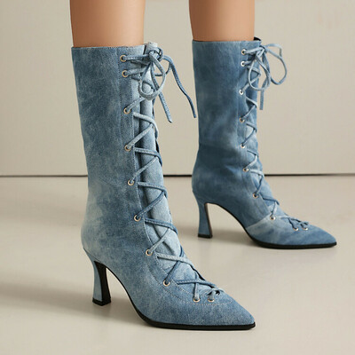 Sexy Lace Up Denim Heeled Boots