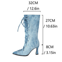 Sexy Lace Up Denim Heeled Boots - Thumbnail 5