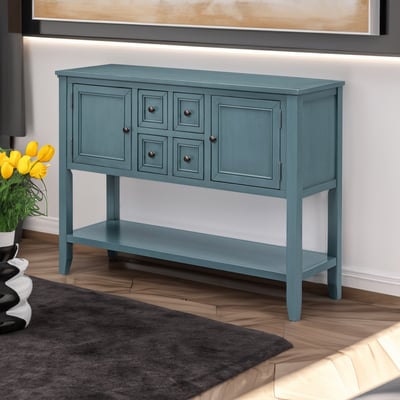 Cambridge vintage console table – dark blue, 4 drawers & bottom shelf, solid wood & mdf, elegant entryway table for living room or kitchen