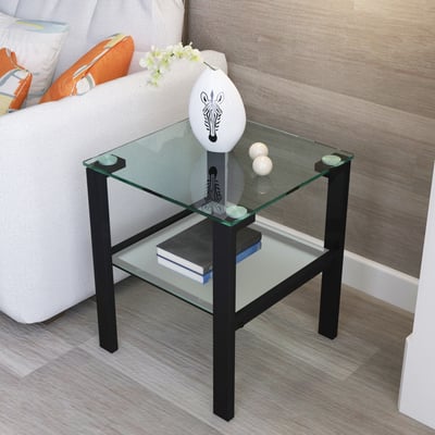 Glass 2-layer round tea table – small black side table for bedroom, living room, corner or sofa, tempered glass, easy assembly