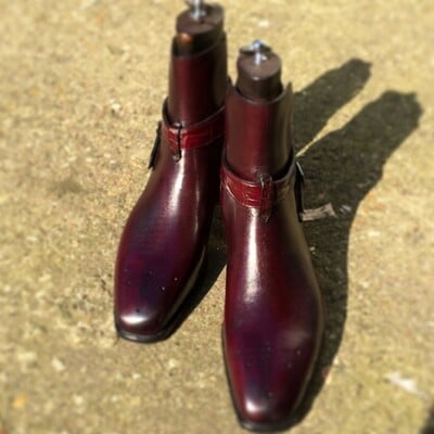 Handmade Men Burgundy Crocodile Strap Leather Jodhpur Boot