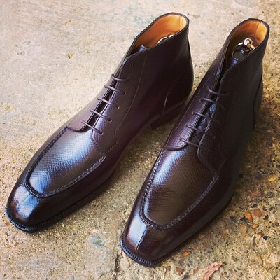 Handmade Men Dark Brown Grain Leather Chukka Style Ankle High Lace up Dress Boot