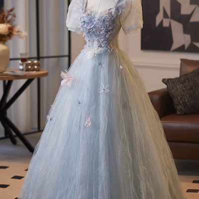 Blue tulle flower long a-line prom party dress - Thumbnail 1