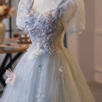 Blue Tulle Flower Long A-Line Prom Party Dress - Thumbnail 1