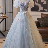 Blue Tulle Flower Long A-Line Prom Party Dress - Thumbnail 2