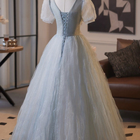 Blue Tulle Flower Long A-Line Prom Party Dress - Thumbnail 3