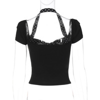 Halter Neck Short Sleeve Backless Top Polka Dot T-shirt - Thumbnail 2