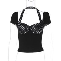 Halter Neck Short Sleeve Backless Top Polka Dot T-shirt - Thumbnail 4