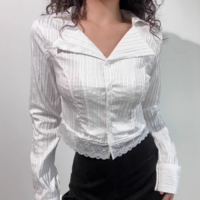 Sexy Hot Girl Lace Long Sleeve Vertical Striped Button Short Shirt - Thumbnail 2