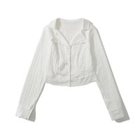 Sexy Hot Girl Lace Long Sleeve Vertical Striped Button Short Shirt - Thumbnail 5