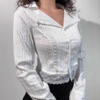 Sexy Hot Girl Lace Long Sleeve Vertical Striped Button Short Shirt - Thumbnail 3