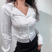 Sexy Hot Girl Lace Long Sleeve Vertical Striped Button Short Shirt - Thumbnail 4