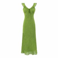 Retro fresh green floral ruffled V-neck waist dress - Thumbnail 1