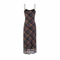 Retro casual plaid drawstring lace patchwork suspender dress - Thumbnail 2