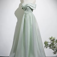 Green Tulle Long Prom Party Dress, A-Line Off the Shoulder Evening Dress - Thumbnail 2
